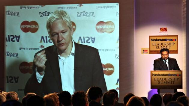 WikiLeaks founder Julian Assange speaks on a video conference with Vir Sanghvi during HTLS 2011 in New Delhi. Assange said open societies were being threatened by state agencies and private firms. (JASJEET PLAHA/HT FILE Photo)
