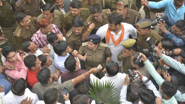 Members of various political parties protested inside the Ghaziabad nomination centre on Wednesday after they reportedly found that the BJP Mayor Candidate, Asha Sharma, had submitted incomplete documents. Later, her documents were found to be complete. (Sakib Ali/HT Photo) Members of various political parties protested inside the Ghaziabad nomination centre on Wednesday after they reportedly found that the BJP Mayor Candidate, Asha Sharma, had submitted incomplete documents. Later, her documents were found to be complete. (Sakib Ali/HT Photo)
