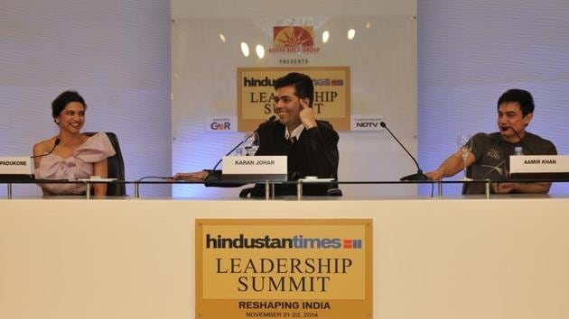 Aamir Khan and Deepika Padukone in conversation with Karan Johar at HTLS 2014. (Vipin Kumar/HT File Photo)