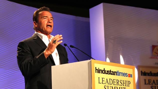 Hollywood actor and activist Arnold Schwarzenegger speaks during an HTLS session ‘Muscle beach to Hollywood to governor of California: A wondrous, surreal trip?’ in 2014. (Ajay Aggarwal/HT File Photo)