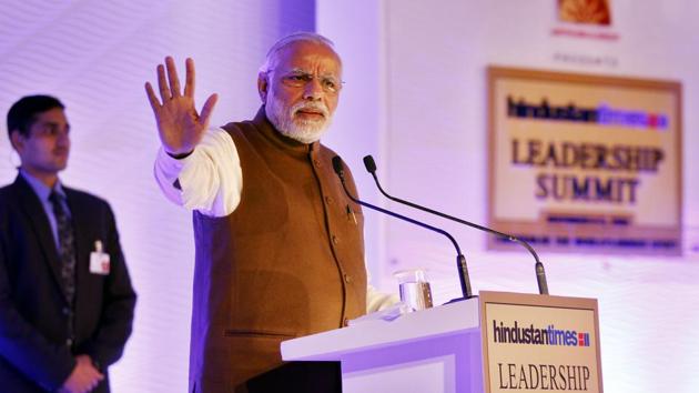 Prime Minister Narendra Modi on the first day of HTLS 2015, in New Delhi. The Prime Minister explained his vision for economic reforms, and mentioned some of the major economic successes of the recent past. (Ajay Aggarwal/HT File Photo)