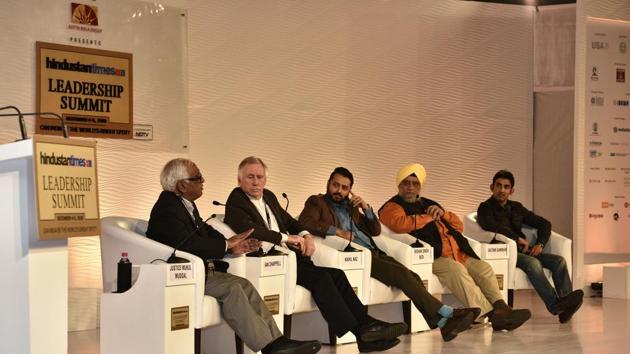 A panel of Justice Mukul Mudgal, former Australia cricket team captain Ian Chappell, Indian cricket team captain Bishan Singh Bedi and Gautam Gambhir during a session on ‘Can BCCI be professionalized?’ in 2015. (Gurinder Osan/HT File Photo)