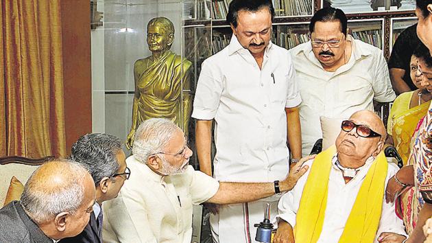Prime Minister Narendra Modi visits DMK president M Karunanidhi in Chennai on Monday. (PTI File Photo) Prime Minister Narendra Modi visits DMK president M Karunanidhi in Chennai on Monday. (PTI File Photo)