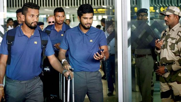 Sri Lanka captain Dinesh Chandimal along with teammates arrives at the airport in Kolkata ahead of their 1st Test against India. (PTI) Sri Lanka captain Dinesh Chandimal along with teammates arrives at the airport in Kolkata ahead of their 1st Test against India. (PTI)