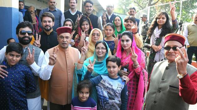 BJP’s Prem Kumar Dhumal with his family members after casting their vote in Samirpur near Hamirpur on Thursday. (Anil Dayal/HT)