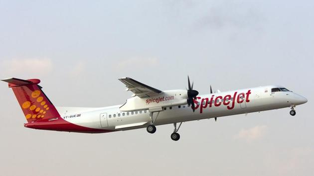 A file photograph of a SpiceJet Bombardier Q400, the type of aircraft involved in Wednesday’s mishap at the Delhi airport. (Shutterstock) A file photograph of a SpiceJet Bombardier Q400, the type of aircraft involved in Wednesday’s mishap at the Delhi airport. (Shutterstock)