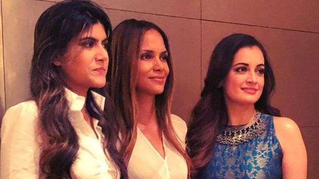 Halle Berry with Dia Mirza and Ananya Birla. (Twitter) Halle Berry with Dia Mirza and Ananya Birla. (Twitter)