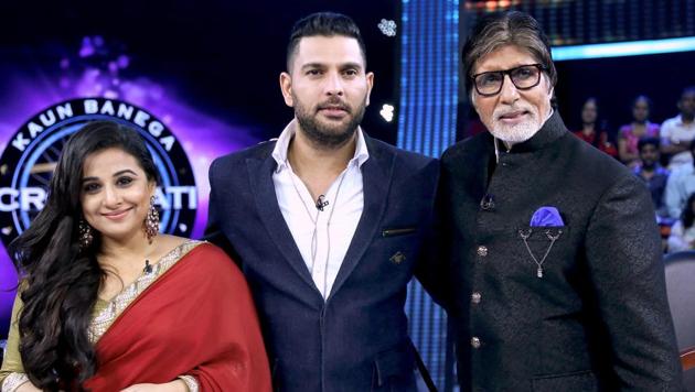 Bollywood actor Amitabh Bachchan, actress Vidya Balan and cricketer Yuvraj Singh on the sets of TV game show KBC Season 9 in Mumbai recently. Yuvraj Singh last played an international game for India during the tour to West Indies in June-July, 2016.(PTI)