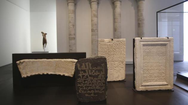 A Jewish funerary stele from France in 1250 sits next to a Tunisian Muslim’s funerary stele and a Christian archbishop’s stone epitaph from Tyre, Lebanon at the Louvre Abu Dhabi. Artwork here offers a history of the world and its major religions, not shying away from Judaism in a country that officially does not recognize Israel. In a Middle East still torn by religious and sectarian conflict, simply putting them side by side is a major statement. (Kamran Jebreili / AP)