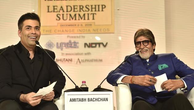 Amitabh Bachchan in conversation with Karan Johar during the Hindustan Times Leadership Summit at Taj Palace, in New Delhi. (Ajay Aggarwal /HT PHOTO)