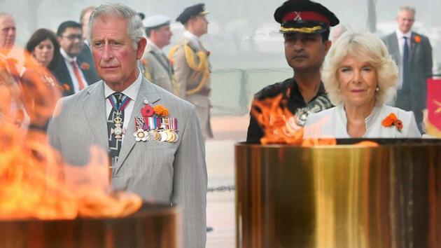 Britain's Prince Charles and his wife Camilla, Duchess of Cornwall pay homage at Amar Jawan Jyoti, India Gate, in New Delhi on Thursday. (PTI) Britain's Prince Charles and his wife Camilla, Duchess of Cornwall pay homage at Amar Jawan Jyoti, India Gate, in New Delhi on Thursday. (PTI)