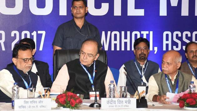 Union finance minister Arun Jaitley along with MoS for finance Shiv Pratap Shukla and finance secretary Hasmukh Adhia (left) at the 23rd GST Council Meeting, in Guwahati on Friday. (PTI Photo) Union finance minister Arun Jaitley along with MoS for finance Shiv Pratap Shukla and finance secretary Hasmukh Adhia (left) at the 23rd GST Council Meeting, in Guwahati on Friday. (PTI Photo)