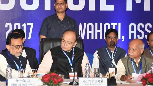 Union finance minister Arun Jaitley along with MoS for finance Shiv Pratap Shukla and finance secretary Hasmukh Adhia (left) at the 23rd GST Council Meeting, in Guwahati on Friday.(PTI Photo)