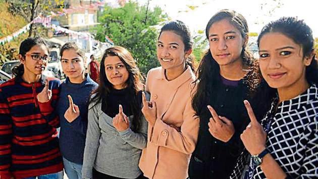 Students of IGMC Nursing College after casting their vote in Sanjauli on Thursday. (Deepak Sansta/HT) Students of IGMC Nursing College after casting their vote in Sanjauli on Thursday. (Deepak Sansta/HT)