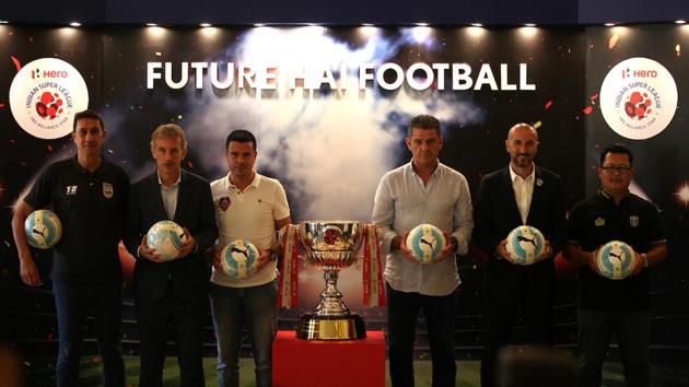 Mumbai City FC coach Alexandre Guimaraes, Bengaluru FC coach Albert Roca, FC Goa coach Sergio Lobera, Chennaiyin FC coach John Gregory, FC Pune City coach Ranko Popovic and Kerala Blasters assistant coach Thangboi Singto pose for a picture. The fourth season of ISL will begin on November 17. (ISL / SPORTZPICS) Mumbai City FC coach Alexandre Guimaraes, Bengaluru FC coach Albert Roca, FC Goa coach Sergio Lobera, Chennaiyin FC coach John Gregory, FC Pune City coach Ranko Popovic and Kerala Blasters assistant coach Thangboi Singto pose for a picture. The fourth season of ISL will begin on November 17. (ISL / SPORTZPICS)