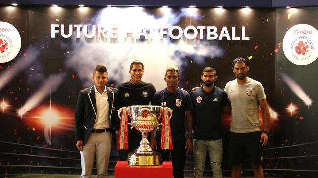 Nishu Kumar of Bengaluru FC, Arata Izumi of Kerala Blasters FC, Abinash Ruidas of Mumbai City FC, Kean Lewis of FC Pune City and Karanjit Singh of Chennaiyin FC at the ISL Media Day. (ISL / SPORTZPICS) Nishu Kumar of Bengaluru FC, Arata Izumi of Kerala Blasters FC, Abinash Ruidas of Mumbai City FC, Kean Lewis of FC Pune City and Karanjit Singh of Chennaiyin FC at the ISL Media Day. (ISL / SPORTZPICS)