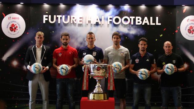 (L to R) John Johnson of Bengaluru FC, Bruno Filipe Tavares Pinheiro of FC Goa, Lucian Goian of Mumbai City FC, Henrique Sereno of Chennaiyin FC, Marcelo Leite Pereira of FC Pune City and Iain Hume of Kerala Blasters FC pose for picture during the Indian Super League (ISL) Media Day. (ISL / SPORTZPICS) (L to R) John Johnson of Bengaluru FC, Bruno Filipe Tavares Pinheiro of FC Goa, Lucian Goian of Mumbai City FC, Henrique Sereno of Chennaiyin FC, Marcelo Leite Pereira of FC Pune City and Iain Hume of Kerala Blasters FC pose for picture during the Indian Super League (ISL) Media Day. (ISL / SPORTZPICS)