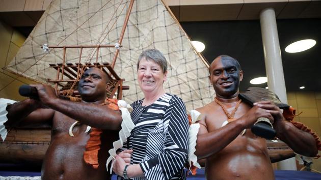 Barbara Hendricks, German Minister for the Environment, Nature Conservation, Building and Nuclear Safety, with traditional Fijian warriors during COP23.  Attention this year turns to whether the US and its allies will continue advancing an agenda mainly on mitigation, carbon markets and transparency of action, while neglecting other key issues such as adaptation, loss and damage, finance, technology transfer, capacity building, transparency of support, compliance, and the global stocktake. (Wolfgang Rattay / REUTERS) 