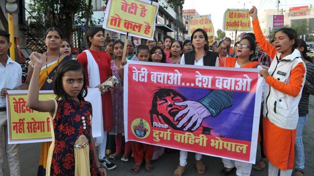 Durga Vahini members take out a protest rally in Bhopal against the gang rape of a woman, on November 5, 2017. (Mujeeb Faruqui/HT File Photo) Durga Vahini members take out a protest rally in Bhopal against the gang rape of a woman, on November 5, 2017. (Mujeeb Faruqui/HT File Photo)