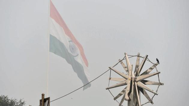 View of the steel ''Charkha'', installed at Rajiv Chowk, enveloped by heavy smog in New Delhi on Wednesday. The smog and air pollution continue to be above the severe levels in Delhi NCR. (PTI) View of the steel ''Charkha'', installed at Rajiv Chowk, enveloped by heavy smog in New Delhi on Wednesday. The smog and air pollution continue to be above the severe levels in Delhi NCR. (PTI)
