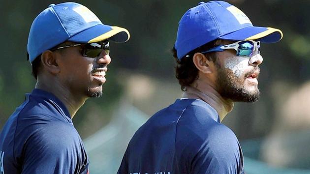 Dinesh Chandimal in conversation with a teammate during their practice session. (PTI) Dinesh Chandimal in conversation with a teammate during their practice session. (PTI)