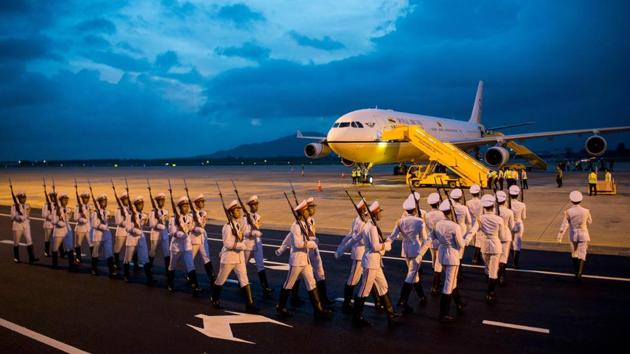Members of a Vietnamese honour guard march during the arrival of leaders at the international airport ahead of the Asia-Pacific Economic Cooperation (APEC) Summit in the central Vietnamese city of Danang. World leaders and senior business figures gathered in the Vietnamese city this week for the annual 21-member summit. (Ye Aung Thu / AFP) Members of a Vietnamese honour guard march during the arrival of leaders at the international airport ahead of the Asia-Pacific Economic Cooperation (APEC) Summit in the central Vietnamese city of Danang. World leaders and senior business figures gathered in the Vietnamese city this week for the annual 21-member summit. (Ye Aung Thu / AFP)