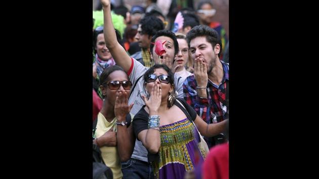 A scene from the march in 2010, organised by the Delhi Queer Pride Committee. It began from the corner of Barakhamba Road and Tolstoy Marg, and saw members of the community as well as their friends and family turn up with placards, masks and costumes. (Sanjeev Verma / HT Photo) A scene from the march in 2010, organised by the Delhi Queer Pride Committee. It began from the corner of Barakhamba Road and Tolstoy Marg, and saw members of the community as well as their friends and family turn up with placards, masks and costumes. (Sanjeev Verma / HT Photo)
