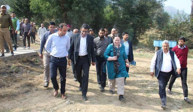Rina Mitra, Special Secretary (Internal Security) Union Home Ministry along with district officials during her visit to villages along the Line of Control (LoC) in Rajouri on Saturday. (HT Photo) Rina Mitra, Special Secretary (Internal Security) Union Home Ministry along with district officials during her visit to villages along the Line of Control (LoC) in Rajouri on Saturday. (HT Photo)