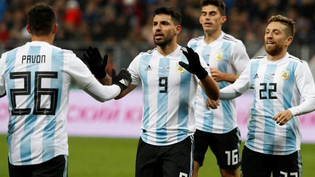 Argentina’s Sergio Aguero celebrates scoring their first goal against Russia with Cristian Pavon and team mates. (REUTERS) Argentina’s Sergio Aguero celebrates scoring their first goal against Russia with Cristian Pavon and team mates. (REUTERS)