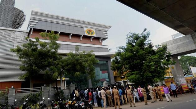 Media personnel stand guard in front of the "Jaya TV" where IT officials conducted a raid, in Chennai on Thursday. (PTI) Media personnel stand guard in front of the "Jaya TV" where IT officials conducted a raid, in Chennai on Thursday. (PTI)