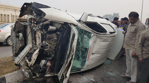 The car of PPCB officials that overturned after a collision near Goraya near on Saturday. (HT Photo) The car of PPCB officials that overturned after a collision near Goraya near on Saturday. (HT Photo)