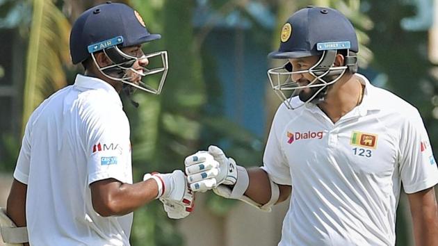 Sri Lanka batsman Sadeera Samarawickrama (L) being greeted by Dimuth Karunaratne (R) during their warm-up game in Kolkata. (PTI) Sri Lanka batsman Sadeera Samarawickrama (L) being greeted by Dimuth Karunaratne (R) during their warm-up game in Kolkata. (PTI)