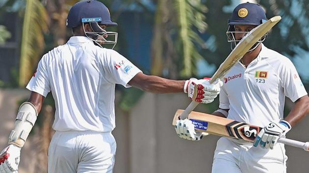Sri Lanka batsman Sadeera Samarawickrama raises his bat after completing his half-century.) (PTI) Sri Lanka batsman Sadeera Samarawickrama raises his bat after completing his half-century.) (PTI)