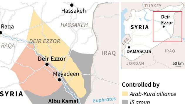 Map showing zones of control around the eastern Syrian city of Deir Ezzor and locating Albu Kamal, where IS group fighters and Syrian regime forces are engaged in fierce fighting.(AFP Photo) Map showing zones of control around the eastern Syrian city of Deir Ezzor and locating Albu Kamal, where IS group fighters and Syrian regime forces are engaged in fierce fighting.(AFP Photo)