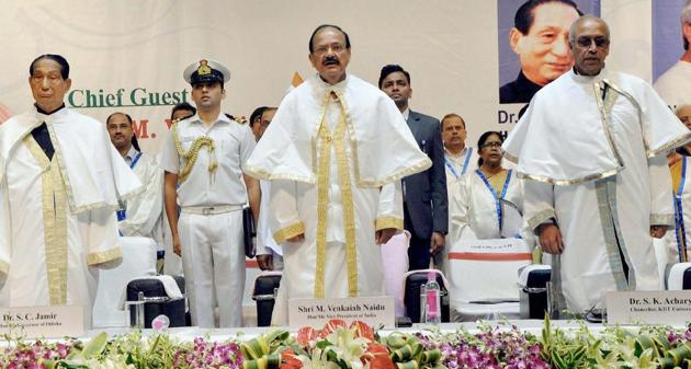 Vice President M Venkaiah Naidu and Odisha governor SC Jamir during the 13th annual convocation of KIIT ( Kalinga Institute of Industrial Technology) University, in Bhubaneswar. (PTI Photo) Vice President M Venkaiah Naidu and Odisha governor SC Jamir during the 13th annual convocation of KIIT ( Kalinga Institute of Industrial Technology) University, in Bhubaneswar. (PTI Photo)