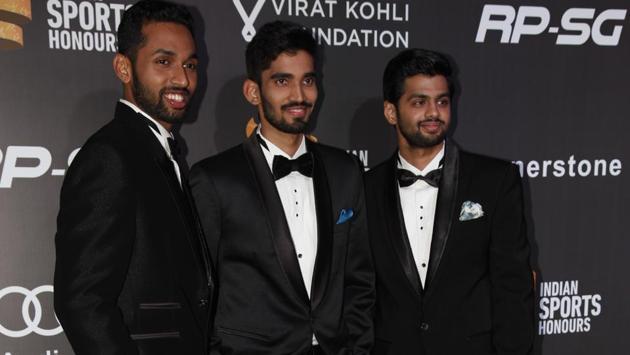 Indian badminton stars HS Prannoy, Kidambi Srikanth and B Sai Praneeth at the ceremony. (HT Photo)
