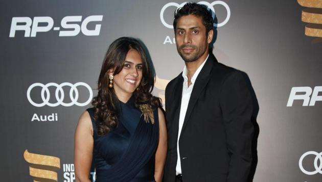 Ashish Nehra, who recently retired from the Indian cricket team, with his wife Rushma. (HT Photo)