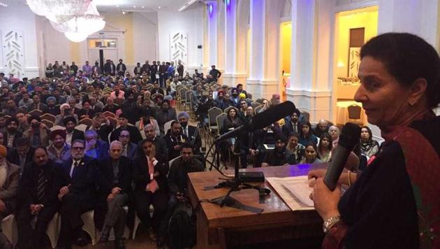 Preneet Kaur speaking at a function organised by a newly constituted team of the Indian Overseas Congress (IOC) at London’s South Hall (HT Photo) Preneet Kaur speaking at a function organised by a newly constituted team of the Indian Overseas Congress (IOC) at London’s South Hall (HT Photo)