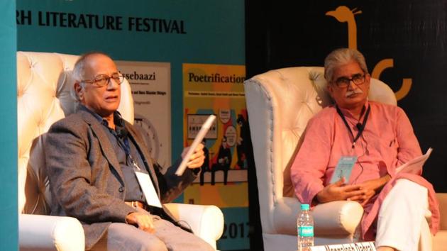 Hindi poet Manglesh Dabral (left) in conversation with critic Asad Zaidi during the 6th Chandigarh Literature Festival at Panjab University in Chandigarh on Saturday.(Anil Dayal/HT) Hindi poet Manglesh Dabral (left) in conversation with critic Asad Zaidi during the 6th Chandigarh Literature Festival at Panjab University in Chandigarh on Saturday.(Anil Dayal/HT)