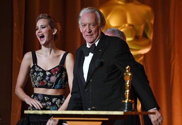 Actress Jennifer Lawrence laughs at a joke as actor Donald Sutherland accepts an honorary Oscar at the 9th Annual Governors Awards gala hosted by the Academy of Motion Picture Arts and Sciences at the Hollywood & Highland Center in Hollywood, California on November 11. (AFP) Actress Jennifer Lawrence laughs at a joke as actor Donald Sutherland accepts an honorary Oscar at the 9th Annual Governors Awards gala hosted by the Academy of Motion Picture Arts and Sciences at the Hollywood & Highland Center in Hollywood, California on November 11. (AFP)