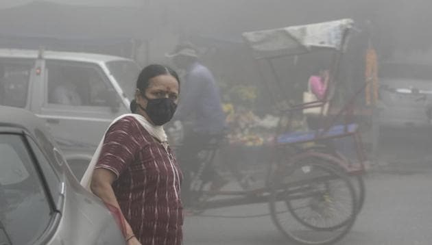 A woman wears a face mask in Mayur Vihar as New Delhi continues to reel under poor air quality and low visibility. (Sushil Kumar/HT Photo) A woman wears a face mask in Mayur Vihar as New Delhi continues to reel under poor air quality and low visibility. (Sushil Kumar/HT Photo)