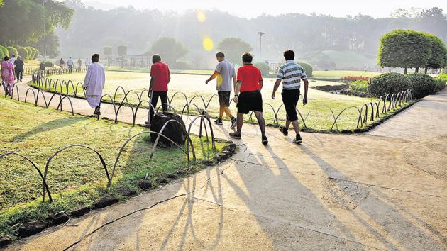 PL Deshpande Park on Sinhagad road is a favourite spot for people from all walks of life and age groups to take their morning walks.(HT Photo)