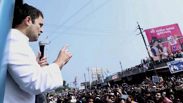 Congress vice president Rahul Gandhi addresses supporters during a road show in Banaskantha district of Gujarat on Sunday. (PTI) Congress vice president Rahul Gandhi addresses supporters during a road show in Banaskantha district of Gujarat on Sunday. (PTI)