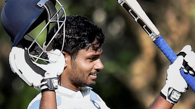 Board President XI captain Sanju Samson celebrates his century during a warm-up match against Sri Lanka. (PTI) Board President XI captain Sanju Samson celebrates his century during a warm-up match against Sri Lanka. (PTI)