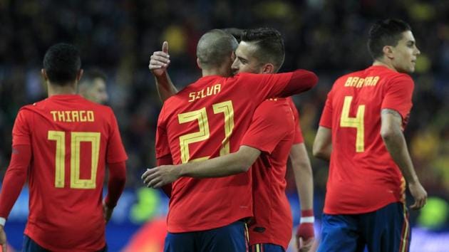 Spain's David Silva is congratulated by teammate Jordi Alba after scoring during the international friendly between Spain and Costa Rica in Malaga. Spain ran out 5-0 winners as Silva scored twice and provided one assist. (AP) Spain's David Silva is congratulated by teammate Jordi Alba after scoring during the international friendly between Spain and Costa Rica in Malaga. Spain ran out 5-0 winners as Silva scored twice and provided one assist. (AP)