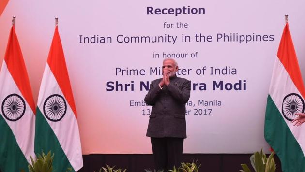 Prime Minister Narendra Modi at the community reception organised by the Indian ambassador to the Philippines in Manila on Monday (Narendra Modi Twitter) Prime Minister Narendra Modi at the community reception organised by the Indian ambassador to the Philippines in Manila on Monday (Narendra Modi Twitter)