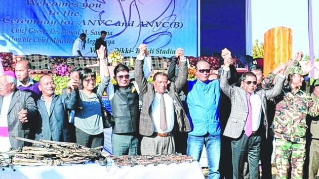 Meghalaya chief minister Mukul Sangma (second from right) is seen with leaders of ANVC and ANVC-B during a disbanding ceremony of the two rebel outfits at Tura in December 2014. Meghalaya chief minister Mukul Sangma (second from right) is seen with leaders of ANVC and ANVC-B during a disbanding ceremony of the two rebel outfits at Tura in December 2014.
