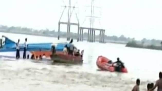 An overloaded boat carrying 38 people capsizedon Sunday close to the Pavitra Sangamam (confluence point of rivers Krishna and Godavari) at Ferry village near Vijayawada. (Twitter/ANI) An overloaded boat carrying 38 people capsizedon Sunday close to the Pavitra Sangamam (confluence point of rivers Krishna and Godavari) at Ferry village near Vijayawada. (Twitter/ANI)