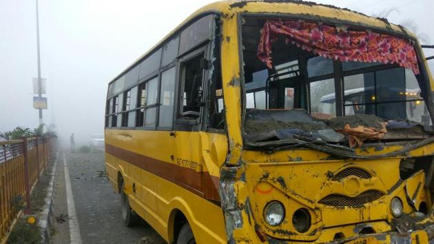 The school bus after the collision along Rajasansi road, Amritsar, on Monday. (HT Photo) The school bus after the collision along Rajasansi road, Amritsar, on Monday. (HT Photo)