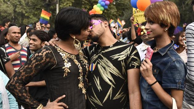 People participate in Delhi's 10th Queer Pride March from Barakhamba Road to Jantar Mantar in New Delhi on Sunday. A large crowd chanted, marching to the beat of drums during the Queer Pride march. Many participating said they were frustrated with existing laws but also hoped for a change soon. (Sanchit Khanna / HT PHOTO) People participate in Delhi's 10th Queer Pride March from Barakhamba Road to Jantar Mantar in New Delhi on Sunday. A large crowd chanted, marching to the beat of drums during the Queer Pride march. Many participating said they were frustrated with existing laws but also hoped for a change soon. (Sanchit Khanna / HT PHOTO)